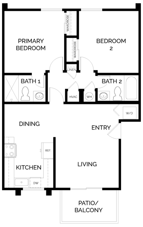 Santa Fe - 2 Bedroom 2 Bath Floor Plan Layout - 850 Square Feet at Sunstone Place, Riverside, CA